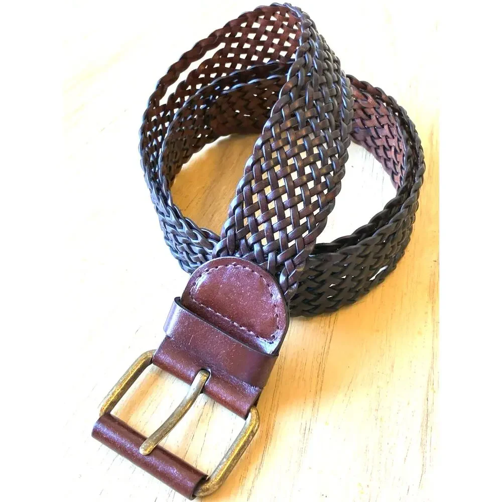 DKNY Women's Mocha Brown Braided Woven Wide Leather Belt w/ Buckle Minimalist M